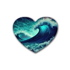 Ai Generated Waves Ocean Sea Tsunami Nautical Fantasy Rubber Heart Coaster (4 Pack) by uniart180623