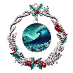 Ai Generated Waves Ocean Sea Tsunami Nautical Fantasy Metal X mas Wreath Holly Leaf Ornament by uniart180623