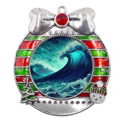 Ai Generated Waves Ocean Sea Tsunami Nautical Fantasy Metal X mas Ribbon With Red Crystal Round Ornament by uniart180623