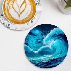 Ai Generated Waves Ocean Sea Tsunami Nautical Sea Uv Print Round Tile Coaster by uniart180623