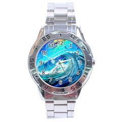 Tsunami Waves Ocean Sea Nautical Nature Water Painting Stainless Steel Analogue Watch by uniart180623