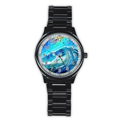 Tsunami Waves Ocean Sea Nautical Nature Water Painting Stainless Steel Round Watch by uniart180623