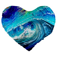 Tsunami Waves Ocean Sea Nautical Nature Water Painting Large 19  Premium Flano Heart Shape Cushions by uniart180623