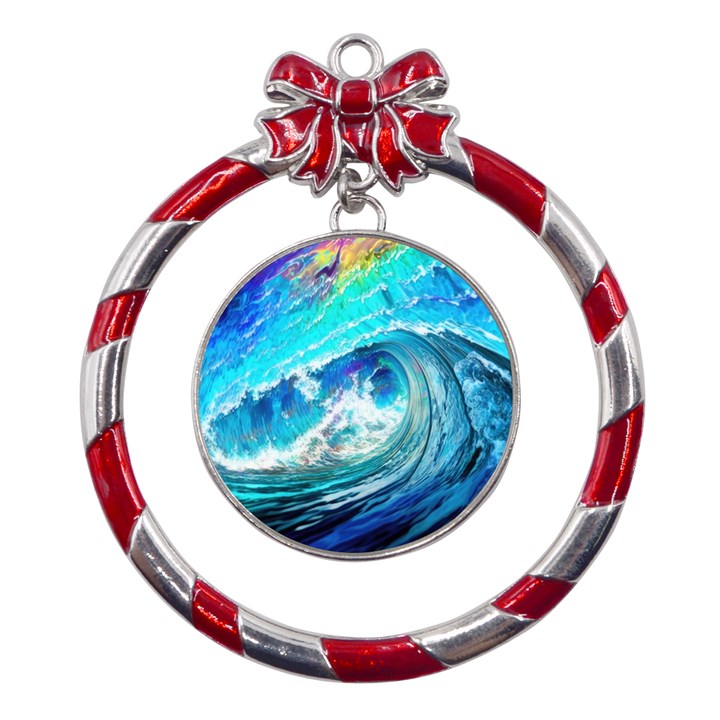 Tsunami Waves Ocean Sea Nautical Nature Water Painting Metal Red Ribbon Round Ornament