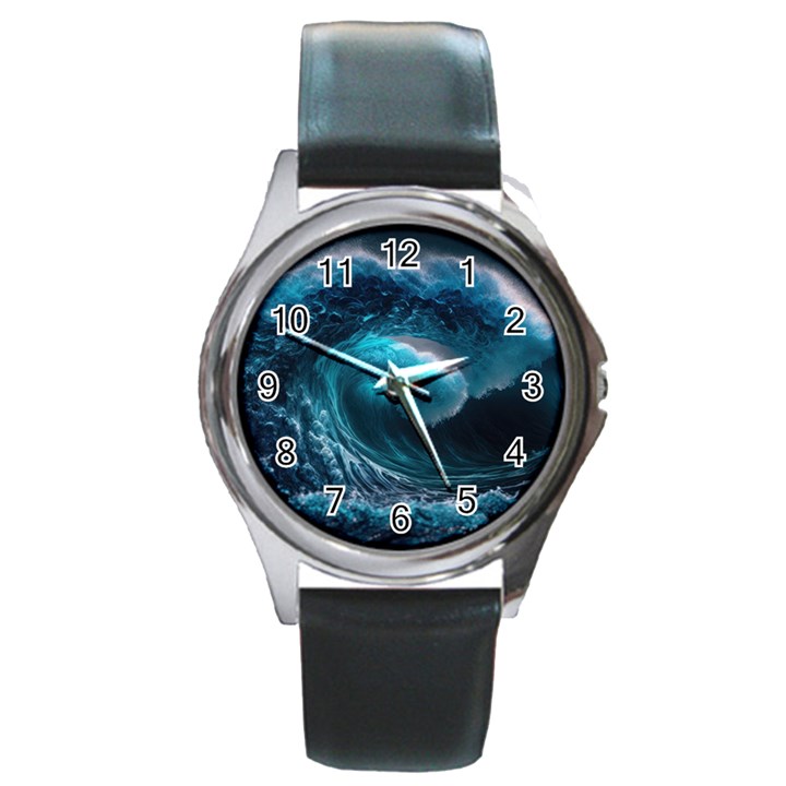 Tsunami Waves Ocean Sea Water Rough Seas Round Metal Watch