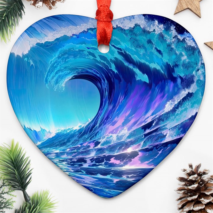 Tsunami Tidal Wave Ocean Waves Sea Nature Water Blue Heart Ornament (Two Sides)