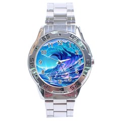 Tsunami Tidal Wave Ocean Waves Sea Nature Water Blue Stainless Steel Analogue Watch by uniart180623