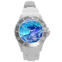 Tsunami Tidal Wave Ocean Waves Sea Nature Water Blue Round Plastic Sport Watch (l) by uniart180623