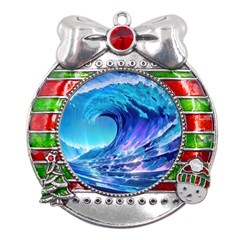 Tsunami Tidal Wave Ocean Waves Sea Nature Water Blue Metal X mas Ribbon With Red Crystal Round Ornament by uniart180623