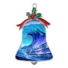 Tsunami Tidal Wave Ocean Waves Sea Nature Water Blue Metal Holly Leaf Bell Ornament by uniart180623