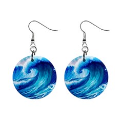 Tsunami Tidal Wave Ocean Waves Sea Nature Water Blue Painting Mini Button Earrings by uniart180623