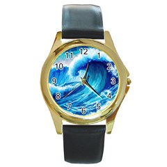 Tsunami Tidal Wave Ocean Waves Sea Nature Water Blue Painting Round Gold Metal Watch by uniart180623