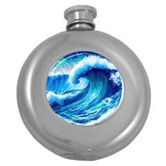 Tsunami Tidal Wave Ocean Waves Sea Nature Water Blue Painting Round Hip Flask (5 Oz) by uniart180623