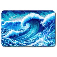 Tsunami Tidal Wave Ocean Waves Sea Nature Water Blue Painting Large Doormat by uniart180623