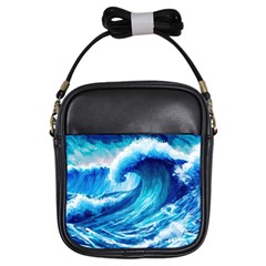 Tsunami Tidal Wave Ocean Waves Sea Nature Water Blue Painting Girls Sling Bag by uniart180623