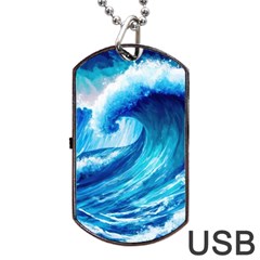 Tsunami Tidal Wave Ocean Waves Sea Nature Water Blue Painting Dog Tag Usb Flash (one Side) by uniart180623