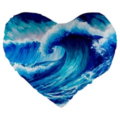 Tsunami Tidal Wave Ocean Waves Sea Nature Water Blue Painting Large 19  Premium Flano Heart Shape Cushions by uniart180623