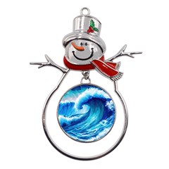 Tsunami Tidal Wave Ocean Waves Sea Nature Water Blue Painting Metal Snowman Ornament by uniart180623