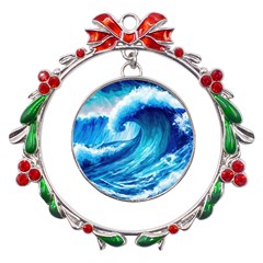 Tsunami Tidal Wave Ocean Waves Sea Nature Water Blue Painting Metal X mas Wreath Ribbon Ornament by uniart180623