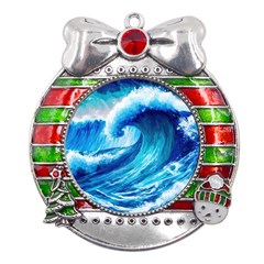 Tsunami Tidal Wave Ocean Waves Sea Nature Water Blue Painting Metal X mas Ribbon With Red Crystal Round Ornament by uniart180623