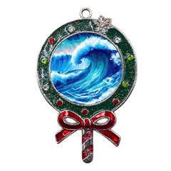 Tsunami Tidal Wave Ocean Waves Sea Nature Water Blue Painting Metal X mas Lollipop With Crystal Ornament by uniart180623