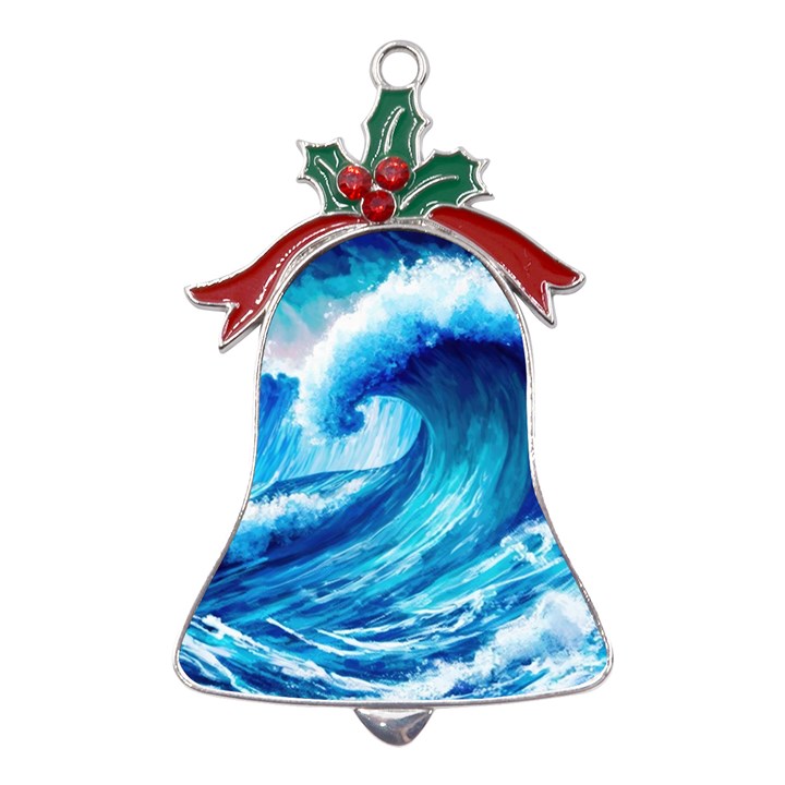 Tsunami Tidal Wave Ocean Waves Sea Nature Water Blue Painting Metal Holly Leaf Bell Ornament