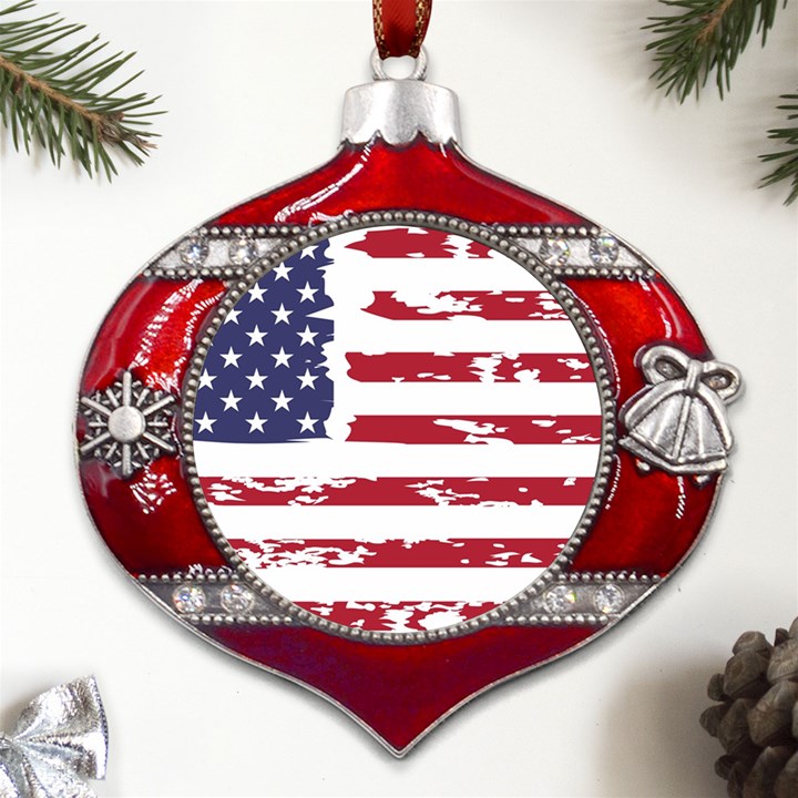 Flag Usa Unite Stated America Metal Snowflake And Bell Red Ornament