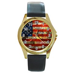 Usa Flag United States Round Gold Metal Watch by uniart180623