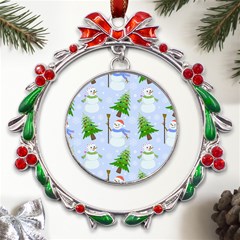 New Year Christmas Snowman Pattern, Metal X mas Wreath Ribbon Ornament by uniart180623