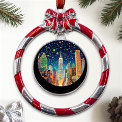 New York Confetti City Usa Metal Red Ribbon Round Ornament by uniart180623