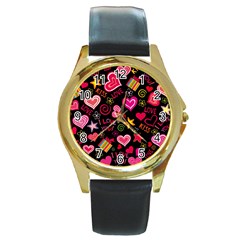 Multicolored Love Hearts Kiss Romantic Pattern Round Gold Metal Watch by uniart180623