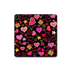 Multicolored Love Hearts Kiss Romantic Pattern Square Magnet by uniart180623