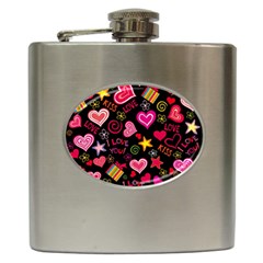 Multicolored Love Hearts Kiss Romantic Pattern Hip Flask (6 Oz) by uniart180623