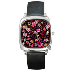 Multicolored Love Hearts Kiss Romantic Pattern Square Metal Watch by uniart180623