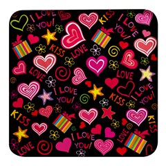 Multicolored Love Hearts Kiss Romantic Pattern Square Glass Fridge Magnet (4 Pack) by uniart180623