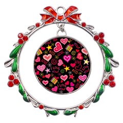 Multicolored Love Hearts Kiss Romantic Pattern Metal X mas Wreath Ribbon Ornament by uniart180623