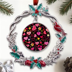 Multicolored Love Hearts Kiss Romantic Pattern Metal X mas Wreath Holly Leaf Ornament