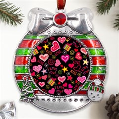 Multicolored Love Hearts Kiss Romantic Pattern Metal X mas Ribbon With Red Crystal Round Ornament by uniart180623