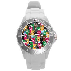 Cat Funny Colorful Pattern Round Plastic Sport Watch (l) by uniart180623