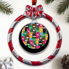 Cat Funny Colorful Pattern Metal Red Ribbon Round Ornament