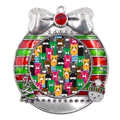 Cat Funny Colorful Pattern Metal X mas Ribbon With Red Crystal Round Ornament