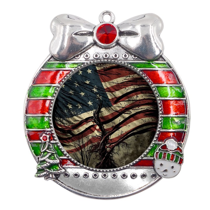 Flag Usa American Flag Metal X Mas Ribbon With Red Crystal Round Ornament