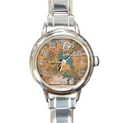 World Map Travel Pattern Architecture Round Italian Charm Watch by uniart180623