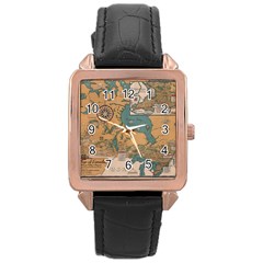 World Map Travel Pattern Architecture Rose Gold Leather Watch  by uniart180623