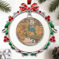 World Map Travel Pattern Architecture Metal X mas Wreath Ribbon Ornament