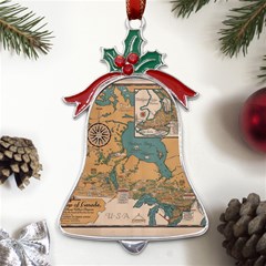 World Map Travel Pattern Architecture Metal Holly Leaf Bell Ornament