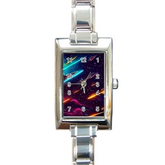 Night Sky Neon Spaceship Drawing Rectangle Italian Charm Watch by Ravend