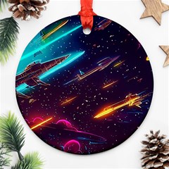 Night Sky Neon Spaceship Drawing Ornament (round) by Ravend