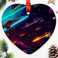 Night Sky Neon Spaceship Drawing Ornament (heart) by Ravend