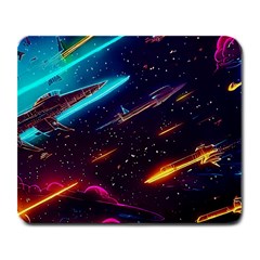 Night Sky Neon Spaceship Drawing Large Mousepad by Ravend